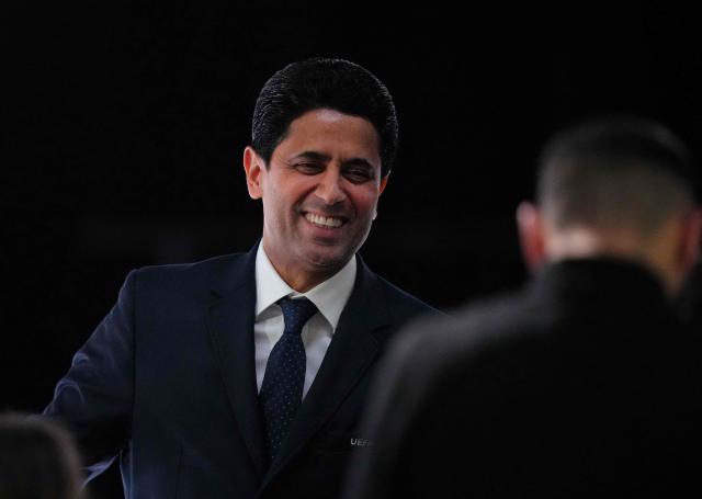 Paris Saint Germain's Qatari president Nasser al-Khelaifi looks on as he attends the 50th UEFA Ordinary Congress in Brussels on February 12, 2026. (Photo by Pau BARRENA / AFP)