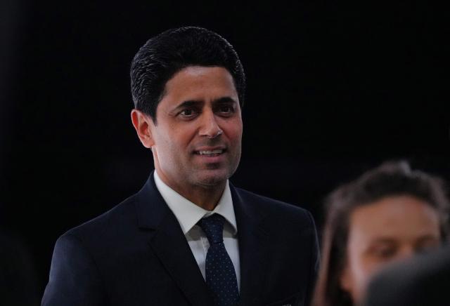 Paris Saint Germain's Qatari president Nasser al-Khelaifi looks on as he attends the 50th UEFA Ordinary Congress in Brussels on February 12, 2026. (Photo by Pau BARRENA / AFP)