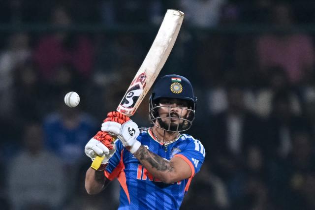India's Ishan Kishan plays a shot during the 2026 ICC Men's T20 Cricket World Cup group stage match between India and Namibia at the Arun Jaitley Stadium in New Delhi on February 12, 2026. (Photo by Arun SANKAR / AFP)