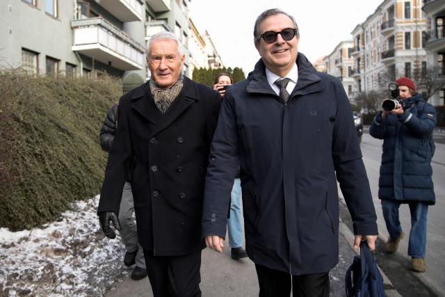 Lawyer Anders Brosveet (R) and Former Prime Minister of Norway Thorbjorn Jagland walk in in Oslo on February 12, 2026. Norwegian police said they had searched properties belonging to former prime minister Thorbjorn Jagland following the launch of a corruption probe over his dealings with US sex offender Jeffrey Epstein. Jagland is being investigated after documents released by the US Justice Department in January suggested that he and/or his family stayed or vacationed with Epstein between 2011 and 2018. (Photo by Stian Lysberg Solum / NTB / AFP) / Norway OUT