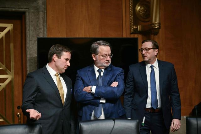 Committee ranking member Senator Gary Peters (C), Democrat from Michigan arrives during a Senate Homeland Security and Governmental Affairs Committee in an oversight hearing amid scrutiny over immigration enforcement and recent developments in Minnesota at the Dirksen Senate Office Building in Washington, DC on February 12, 2026. (Photo by Brendan SMIALOWSKI / AFP)