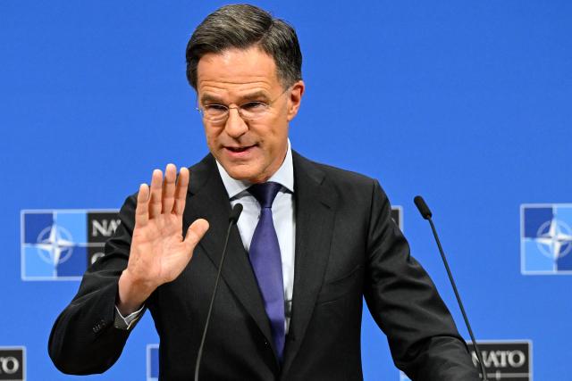 NATO Secretary General Mark Rutte speaks during a press conference on the sidelines of a defence ministers meeting of The North Atlantic Treaty Organisation (NATO) at NATO Headquarters in Brussels, on February 12, 2026. (Photo by JOHN THYS / AFP)