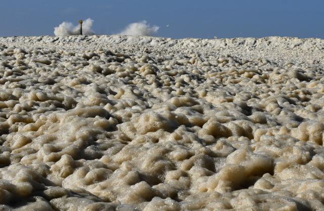 Sea foam spread across the La Barre beach in Anglet, as the storm named Nils hits southwestern France coastline on February 12, 2026. (Photo by Gaizka IROZ / AFP)