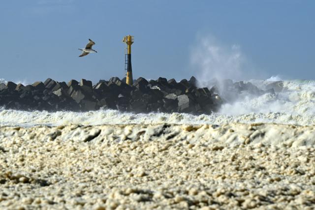 This photograph shows sea foam on La Barre beach in Anglet, as the storm named Nils hits southwestern France coastline on February 12, 2026. (Photo by Gaizka IROZ / AFP)
