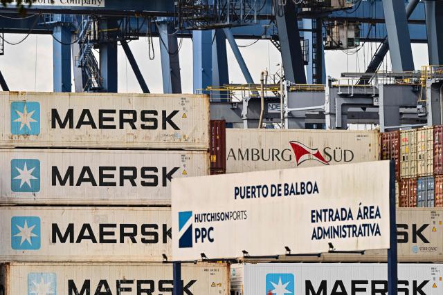 View of the main entrance of the port of Balboa in Panama City, taken on February 12, 2026. Hong Kong-based conglomerate CK Hutchison warned on February 12 of possible legal action against Danish firm Maersk and others over the annulment of its contract to operate two ports on the Panama Canal. (Photo by MARTIN BERNETTI / AFP)