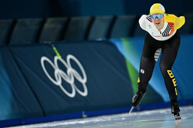 Belgium's Sandrine Tas competes in the speed skating women's 5000m during the Milano Cortina 2026 Winter Olympic Games at Milano Speed Skating Stadium in Milan on February 12, 2026. (Photo by JULIEN DE ROSA / AFP)
