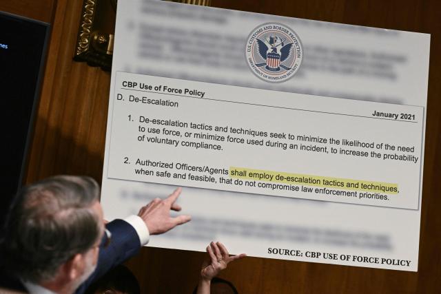 Committee ranking member Senator Gary Peters, Democrat from Michigan points to a display during a Senate Homeland Security and Governmental Affairs Committee in an oversight hearing amid scrutiny over immigration enforcement and recent developments in Minnesota at the Dirksen Senate Office Building in Washington, DC on February 12, 2026. (Photo by Brendan SMIALOWSKI / AFP)