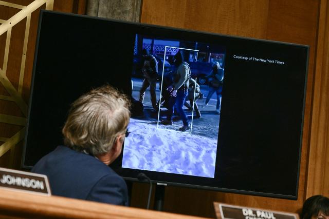 Chairman of the Senate Homeland Security and Governmental Affairs Senator Rand Paul, Republican of Kentucky watches a video of ICE operations in Minneapolis that lead to the killing of Alex Pretti during a hearing on oversight of the Department of Homeland Security before the Senate Homeland Security and Governmental Affairs Committee in the Dirksen Senate Office Building on February 12, 2026 in Washington, DC. (Photo by Brendan SMIALOWSKI / POOL / AFP)