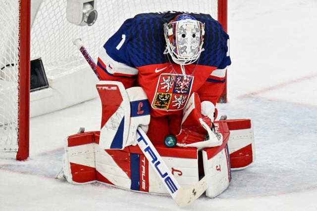 Czech Republic's #01 Lukas Dostal makes a save during the men's preliminary round Group A Ice Hockey match between Czech Republic and Canada at the Milano Santagiulia Ice Hockey Arena during the Milano Cortina 2026 Winter Olympic Games in Milan, on February 12, 2026. (Photo by Alexander NEMENOV / AFP)