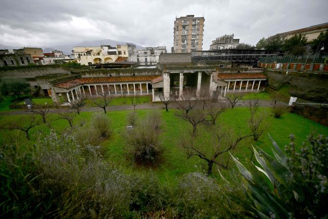 A general view shows the 1st century BC luxurious residence of Poppaea Sabina (Poppea), second wife of the Emperor Nero, in Pompeii on Febuary 12, 2026. The construction site of Poppaea's Villa in Oplontis is about to open its doors for a special guided tour that will allow visitors to discover one of the best-preserved treasures of the Pompeii Archaeological Park, observing firsthand the important excavation and consolidation work underway at the site. (Photo by FILIPPO MONTEFORTE / AFP)