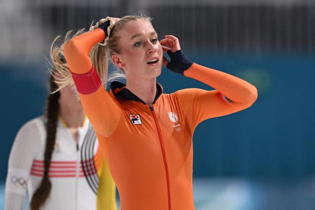 Netherlands' Merel Conijn reacts after competing in the speed skating women's 5000m during the Milano Cortina 2026 Winter Olympic Games at Milano Speed Skating Stadium in Milan on February 12, 2026. (Photo by Daniel MUNOZ / AFP)
