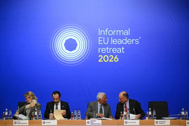 (From L) EU High Representative and Vice-President for Foreign Affairs and Security Policy Kaja Kallas, Cyprus' President Nikos Christodoulides, European Council President Antonio Costa and Former Prime Minister of Italy Enrico Letta attend a working session as part of the Informal EU Leaders' Retreat at the Alden Biesen Castle, in Rijkhoven on February 12, 2026. (Photo by NICOLAS TUCAT / POOL / AFP)