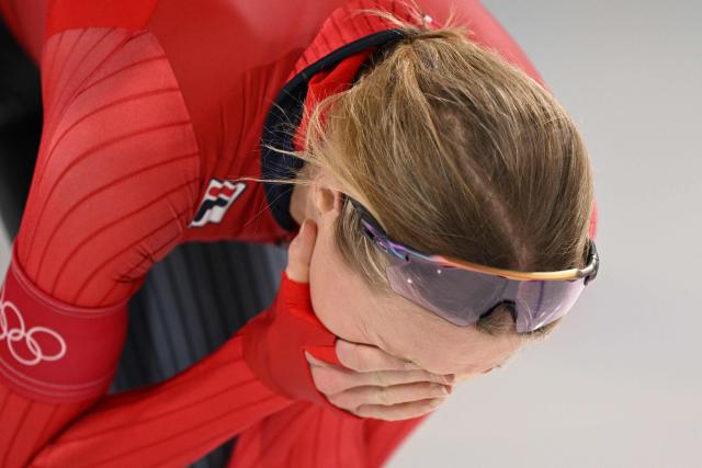 Norway's Ragne Wiklund reacts after competing in the speed skating women's 5000m during the Milano Cortina 2026 Winter Olympic Games at Milano Speed Skating Stadium in Milan on February 12, 2026. (Photo by Daniel MUNOZ / AFP)