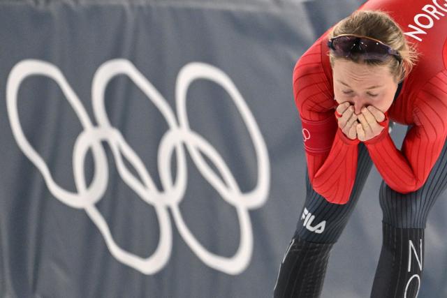 Norway's Ragne Wiklund reacts after competing in the speed skating women's 5000m during the Milano Cortina 2026 Winter Olympic Games at Milano Speed Skating Stadium in Milan on February 12, 2026. (Photo by Daniel MUNOZ / AFP)