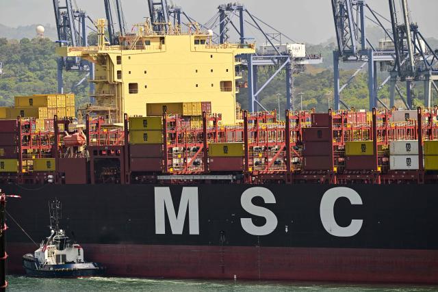 The Libera-flagged vessel Mediterranean Shippong Company (MSC Elisabetta) arrives at the port of Balboa in Panama City on February 12, 2026. Hong Kong-based conglomerate CK Hutchison warned on February 12 of possible legal action against Danish firm Maersk and others over the annulment of its contract to operate two ports on the Panama Canal. (Photo by MARTIN BERNETTI / AFP)