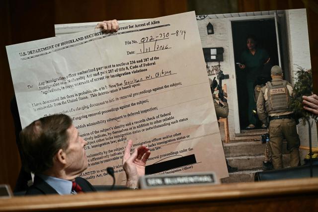 US senator Richard Blumenthal, Democrat from Connecticut, points to a display during a Senate Homeland Security and Governmental Affairs Committee in an oversight hearing amid scrutiny over immigration enforcement and recent developments in Minnesota at the Dirksen Senate Office Building in Washington, DC on February 12, 2026. (Photo by Brendan SMIALOWSKI / AFP)