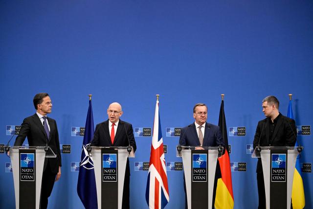 (From L) NATO Secretary General Mark Rutte, Britain's Defence Secretary John Healey , Germany's Defence Minister Boris Pistorius and Ukraine's Defence Minister Mykhailo Fedorov addresses the media during a press conference on the sidelines of a defence ministers meeting of The North Atlantic Treaty Organisation (NATO) at NATO Headquarters in Brussels, on February 12, 2026. (Photo by JOHN THYS / AFP)