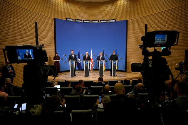 (From L) NATO Secretary General Mark Rutte, Britain's Defence Secretary John Healey , Germany's Defence Minister Boris Pistorius and Ukraine's Defence Minister Mykhailo Fedorov addresses the media during a press conference on the sidelines of a defence ministers meeting of The North Atlantic Treaty Organisation (NATO) at NATO Headquarters in Brussels, on February 12, 2026. (Photo by JOHN THYS / AFP)