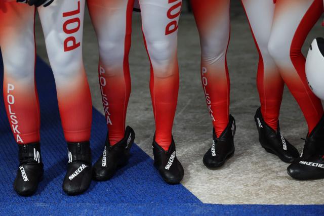 A view of Poland's athletes' shoes after competing in the luge team mixed relay at Cortina Sliding Centre during the Milano Cortina 2026 Winter Olympic Games in Cortina d'Ampezzo on February 12, 2026. (Photo by FRANCK FIFE / AFP)