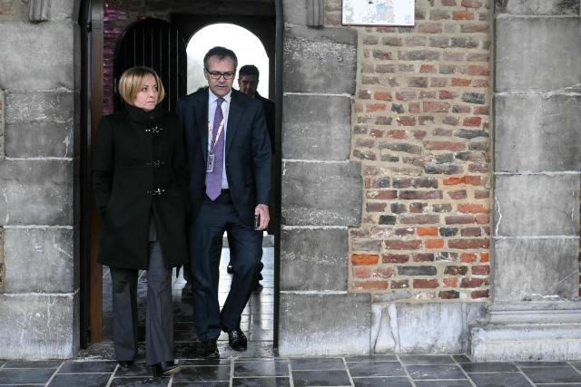 Italy's Prime Minister Giorgia Meloni (L) arrives for a working session during the Informal EU Leaders' Retreat at the Alden Biesen Castle, in Rijkhoven on February 12, 2026. (Photo by NICOLAS TUCAT / AFP)