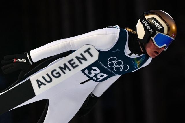 Norway's Eirin Maria Kvandal jumps during the women's ski jumping large hill training of the Milano Cortina 2026 Winter Olympic Games at Predazzo Ski Jumping Stadium in Predazzo (Val di Fiemme), on February 12, 2026. (Photo by Anne-Christine POUJOULAT / AFP)