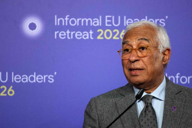 European Council President Antonio Costa speaks during a press conference at the end of the Informal EU Leaders' Retreat at the Alden Biesen Castle, in Rijkhoven on February 12, 2026. (Photo by Ludovic MARIN / AFP)
