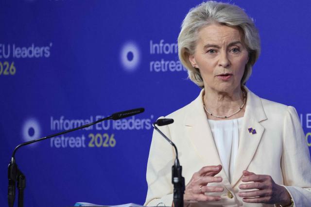 European Commission President Ursula von der Leyen speaks during a press conference at the end of the Informal EU Leaders' Retreat at the Alden Biesen Castle, in Rijkhoven on February 12, 2026. (Photo by Ludovic MARIN / AFP)
