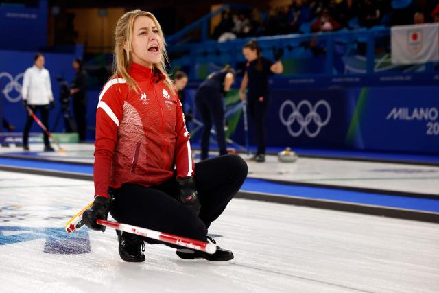 Denmark's Madeleine Dupont reacts during the curling women's round robin between Denmark and Japan during the Milano Cortina 2026 Winter Olympic Games at the Cortina Curling Olympic Stadium in Cortina d’Ampezzo on February 12, 2026. (Photo by Odd ANDERSEN / AFP)