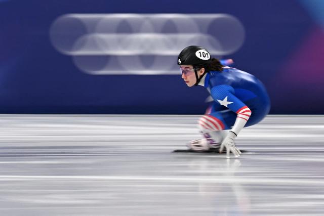 USA's Julie Letai competes in the short track speed skating women's 500m quarter-final during the Milano Cortina 2026 Winter Olympic Games at Milano Ice Skating Arena in Milan on February 12, 2026. (Photo by Gabriel BOUYS / AFP) / ALTERNATIVE CROP