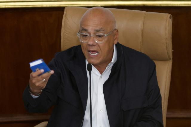 The president of Venezuela's National Assembly Jorge Rodriguez speaks during a debate on an amnesty bill proposed by Venezuela's interim president Delcy Rodriguez at the National Assembly in Caracas on February 12, 2026. The Venezuelan Parliament began on Thursday the final debate for the approval of a general amnesty law that is expected to lead to the mass release of political prisoners. (Photo by Pedro MATTEY / AFP)