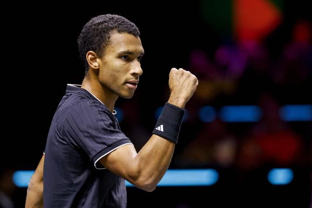 Canada's Felix Auger-Aliassime reacts after winning a point against Serbia's Hamad Medjedovic during their Rotterdam Open ATP tournament Round of 16 tennis match in Rotterdam on February 12, 2026. (Photo by ANP / AFP) / Netherlands OUT