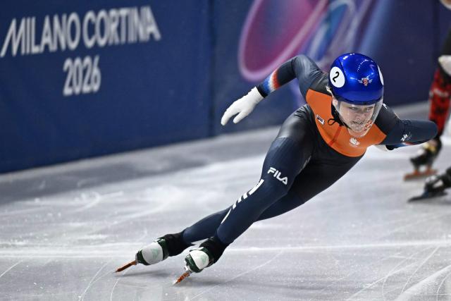 Netherlands' Xandra Velzeboer competes in the short track speed skating women's 500m final during the Milano Cortina 2026 Winter Olympic Games at Milano Ice Skating Arena in Milan on February 12, 2026. (Photo by Gabriel BOUYS / AFP)