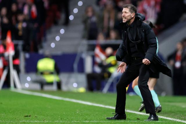 Atletico Madrid's Argentine coach Diego Simeone reacts during the Spanish Copa del Rey (King's Cup) semi final first leg football match between Club Atletico de Madrid and FC Barcelona at Metropolitano Stadium in Madrid on February 12, 2026. (Photo by Oscar DEL POZO / AFP)