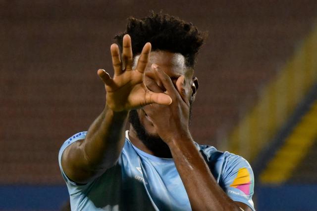 Universidad Catolica's Panamanian forward #07 Jose Fajardo celebrates scoring the opening goal during the Copa Libertadores phase one second-leg football match between Ecuador's Universidad Catolica and Uruguay's Juventud at the Olimpico Atahualpa stadium in Quito, on February 12, 2026. (Photo by Rodrigo BUENDIA / AFP)