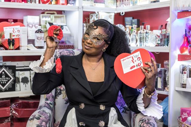 Maya Diallo, owner of the adult store “Les astuces de Maya”, poses for a portrait at her store ahead of Valentine’s Day in Dakar, on February 12, 2026. (Photo by PATRICK MEINHARDT / AFP)
