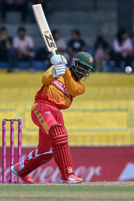 Zimbabwe's Tadiwanashe Marumani plays a shot during the 2026 ICC Men's T20 Cricket World Cup group stage match between Australia and Zimbabwe at the R Premadasa Stadium in Colombo on February 13, 2026. (Photo by Ishara S. KODIKARA / AFP)
