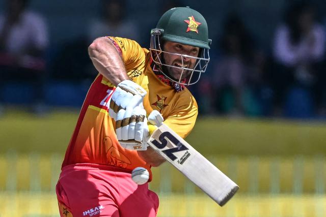 Zimbabwe's Ryan Burl plays a shot during the 2026 ICC Men's T20 Cricket World Cup group stage match between Australia and Zimbabwe at the R Premadasa Stadium in Colombo on February 13, 2026. (Photo by Ishara S. KODIKARA / AFP)