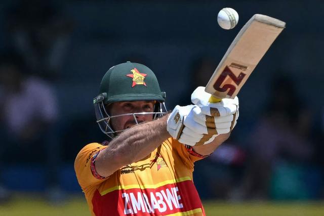 Zimbabwe's Ryan Burl plays a shot during the 2026 ICC Men's T20 Cricket World Cup group stage match between Australia and Zimbabwe at the R Premadasa Stadium in Colombo on February 13, 2026. (Photo by Ishara S. KODIKARA / AFP)