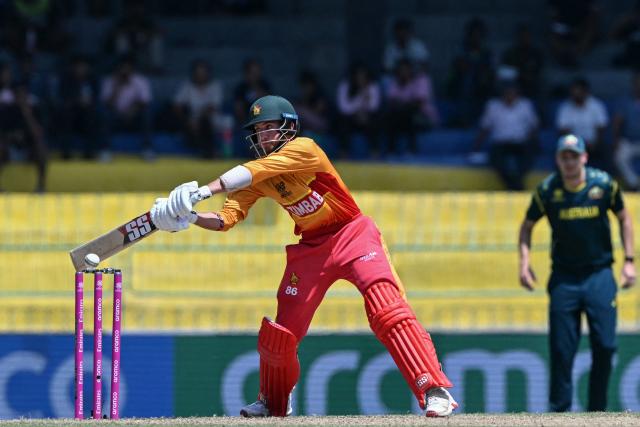 Zimbabwe's Brian Bennett plays a shot during the 2026 ICC Men's T20 Cricket World Cup group stage match between Australia and Zimbabwe at the R Premadasa Stadium in Colombo on February 13, 2026. (Photo by Ishara S. KODIKARA / AFP)