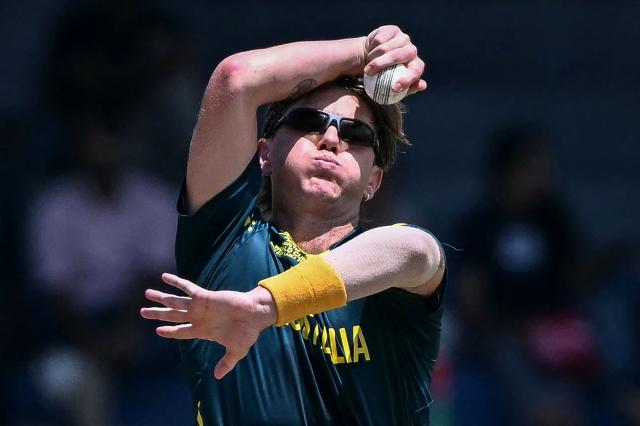Australia's Adam Zampa bowls during the 2026 ICC Men's T20 Cricket World Cup group stage match between Australia and Zimbabwe at the R Premadasa Stadium in Colombo on February 13, 2026. (Photo by Ishara S. KODIKARA / AFP)