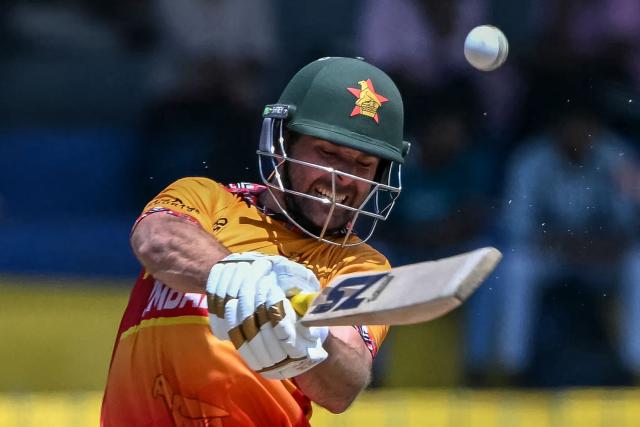 Zimbabwe's Ryan Burl plays a shot during the 2026 ICC Men's T20 Cricket World Cup group stage match between Australia and Zimbabwe at the R Premadasa Stadium in Colombo on February 13, 2026. (Photo by Ishara S. KODIKARA / AFP)