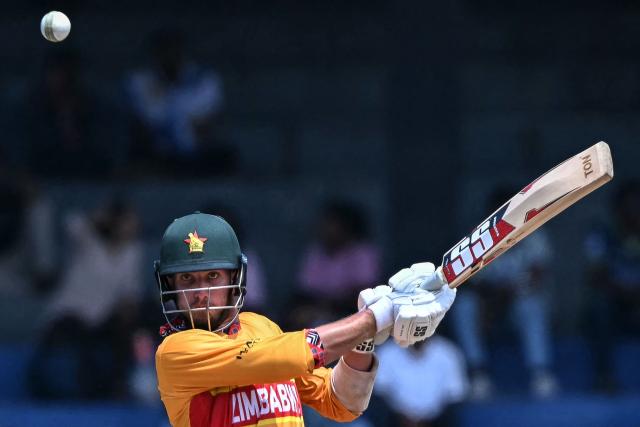 Zimbabwe's Brian Bennett plays a shot during the 2026 ICC Men's T20 Cricket World Cup group stage match between Australia and Zimbabwe at the R Premadasa Stadium in Colombo on February 13, 2026. (Photo by Ishara S. KODIKARA / AFP)