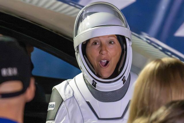 ESA (European Space Agency) astronaut Sophie Adenot reacts as she prepares to travel to the SpaceX Falcon 9 rocket with the company's Dragon spacecraft at Space Launch Complex 40 for the Crew-12 mission at Cape Canaveral Space Force Station in Florida, on February 13, 2026. (Photo by Jim WATSON / AFP)