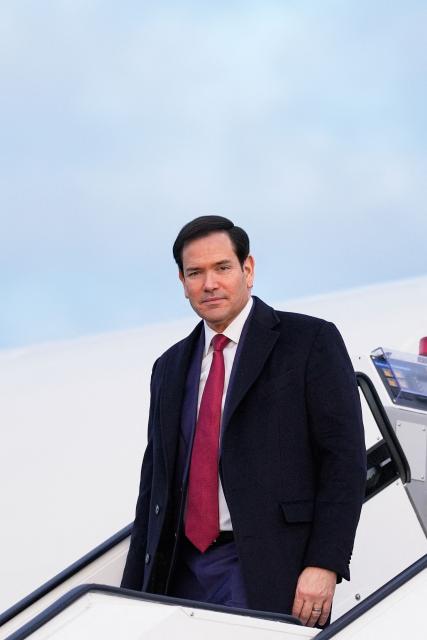 US Secretary of State Marco Rubio disembarks from his plane, on February 12, 2026, at Munich airport, before attending the Munich Security Conference. (Photo by Alex Brandon / POOL / AFP)