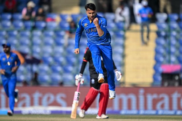 UAE's Muhammad Jawadullah celebrates after taking the wicket of Canada's Nicholas Kirton during the 2026 ICC Men's T20 Cricket World Cup group stage match between Canada and United Arab Emirates at the Arun Jaitley Stadium in New Delhi on February 13, 2026. (Photo by Arun SANKAR / AFP)