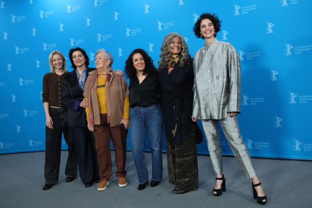 (From L) French actress Marion Barbeau, Israeli actress and film director Hiam Abbass, Tunisian actress Selma Baccar, Tunisian film director Leyla Bouzid, French actress Feriel Chammari and French actress Eya Bouteraa pose during a photo call for the film "À voix basse" (In a Whisper) presented in competition at the 76th Berlinale, Europe's first major film festival of the year, in Berlin on February 13, 2026. (Photo by Ronny HARTMANN / AFP)
