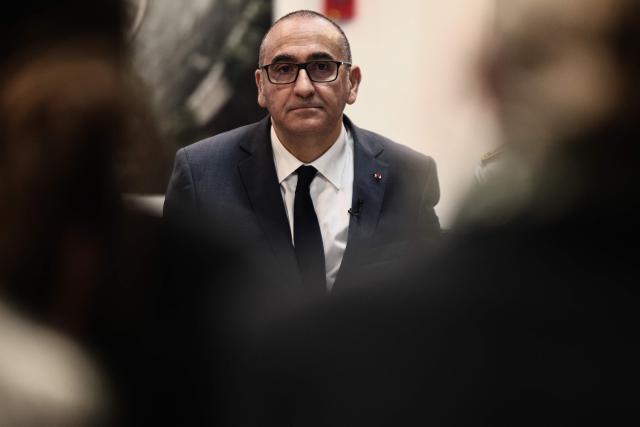 France's Interior Minister Laurent Nunez talks with association members at the ZEF theater to discuss prevention and urban policy during his visit to Marseille, southern France on February 13, 2026. (Photo by Thibaud MORITZ / AFP)