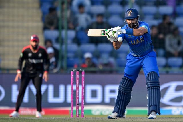 UAE's captain Muhammad Waseem plays a shot during the 2026 ICC Men's T20 Cricket World Cup group stage match between Canada and United Arab Emirates at the Arun Jaitley Stadium in New Delhi on February 13, 2026. (Photo by Arun SANKAR / AFP)