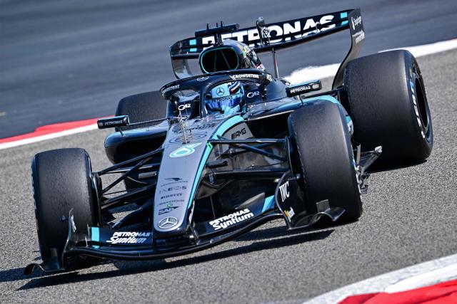 Mercedes' British driver George Russell drives on the third day of the Formula One pre-season testing at the Bahrain International Circuit in Sakhir on February 13, 2026. (Photo by Giuseppe CACACE / AFP)