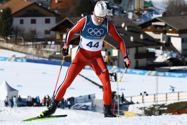 Norway's Johannes Hoesflot Klaebo competes during the men's 10km cross-country interval start free event of the Milano Cortina 2026 Winter Olympic Games at Tesero Cross-Country Skiing Stadium in Lago di Tesero (Val di Fiemme) on February 13, 2026. (Photo by Anne-Christine POUJOULAT / AFP)